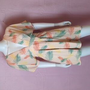 Orange Tropical Palm Tree Plunging V Neck Tie Open Back Summer Mini Dress Medium